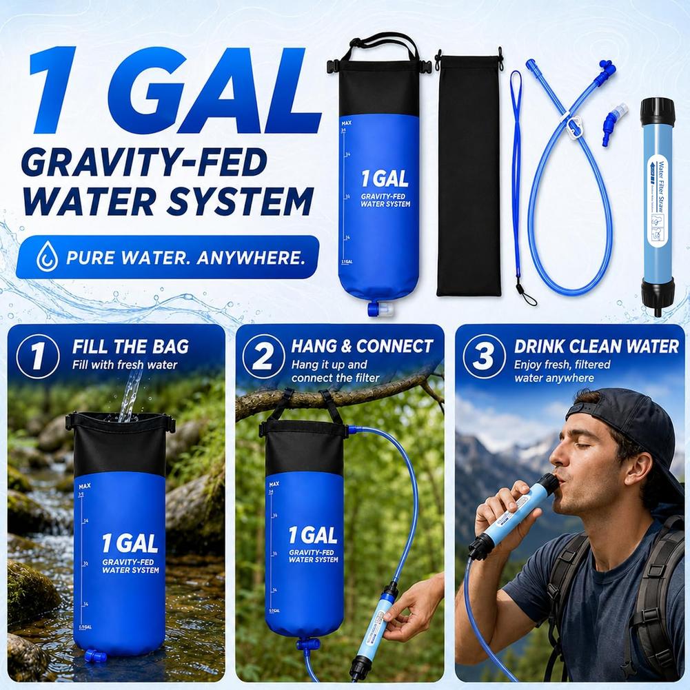 1갤런 용량의 중력식 정수 필터 백, 빨대, 캠핑용,  - Water Purification Straw 리뷰 및 가격
